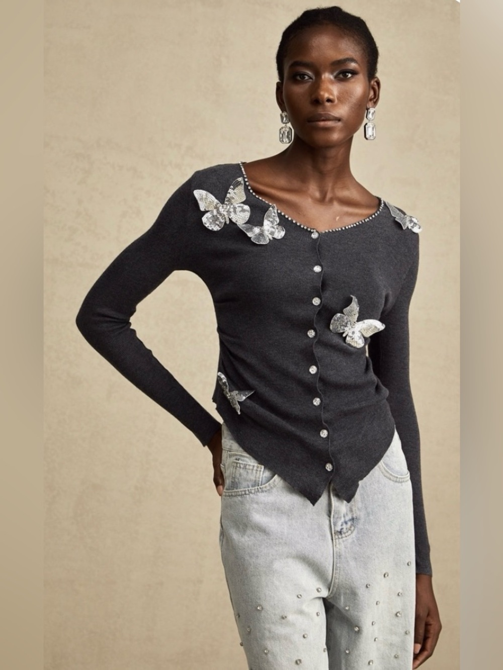 Anastasie grey sequined butterfly-motif cardigan